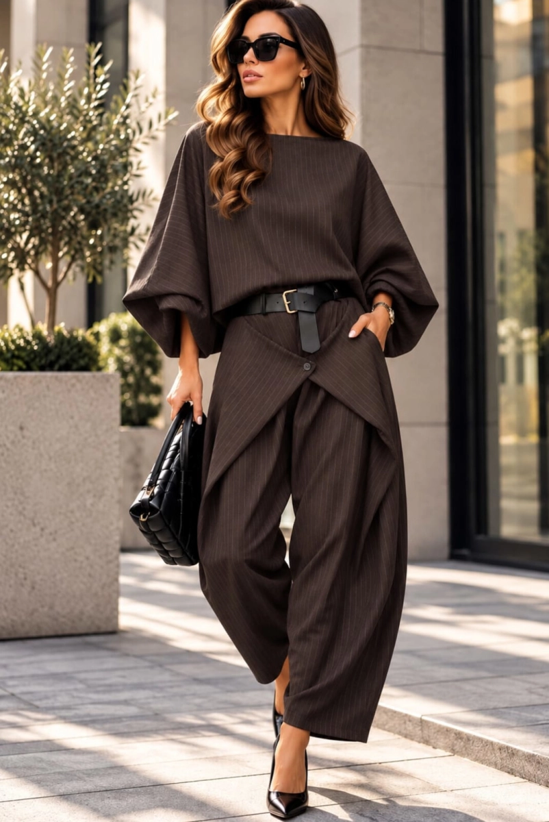 Komplet bluzka kimono i spodnie w paski czekoladowy 