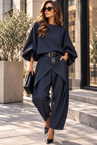 Komplet bluzka kimono i spodnie w paski granatowy