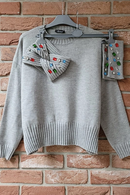 Komplet sweter opaska i mitenki z kamieniami Minouu szary