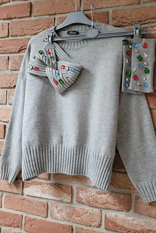 Komplet sweter opaska i mitenki z kamieniami Minouu szary