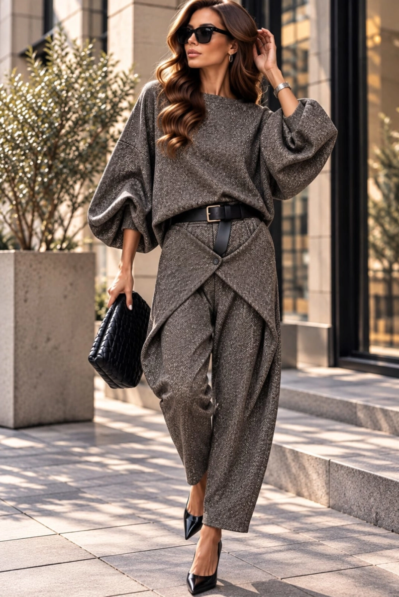 Komplet bluzka kimono i spodnie w jodełkę brązowy