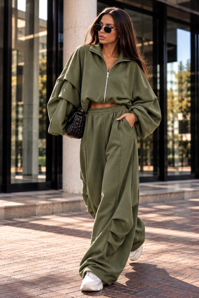 Efektowny komplet bluza na zamek i szerokie spodnie Lavestino khaki 