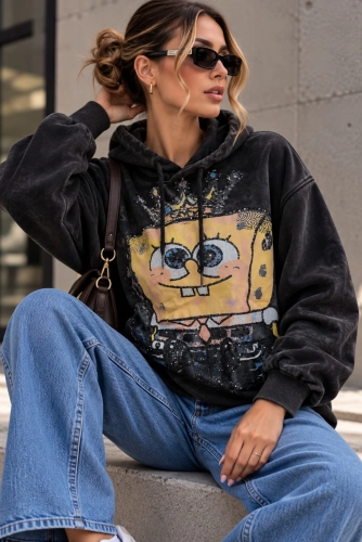 Bluza z kapturem i aplikacją SpongeBob czarna