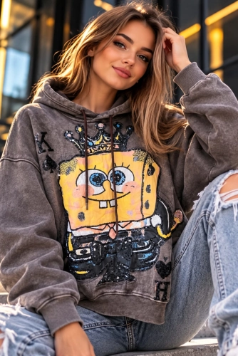 Bluza z kapturem i aplikacją SpongeBob brązowa