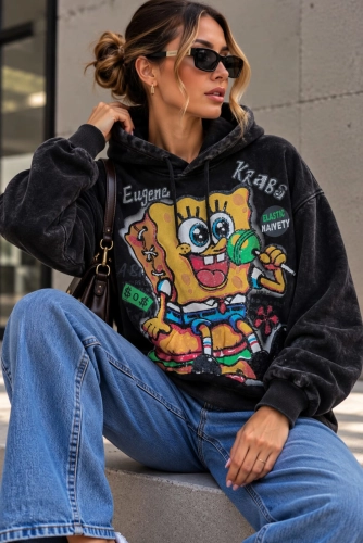 Bluza z kapturem i aplikacją SpongeBob czarna