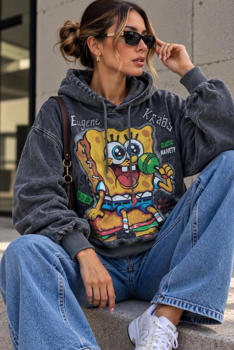 Bluza z kapturem i aplikacją SpongeBob grafitowa
