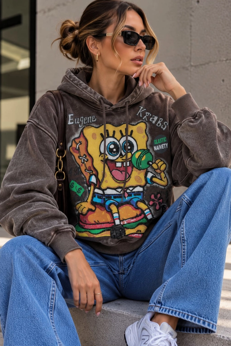 Bluza z kapturem i aplikacją SpongeBob brązowa 