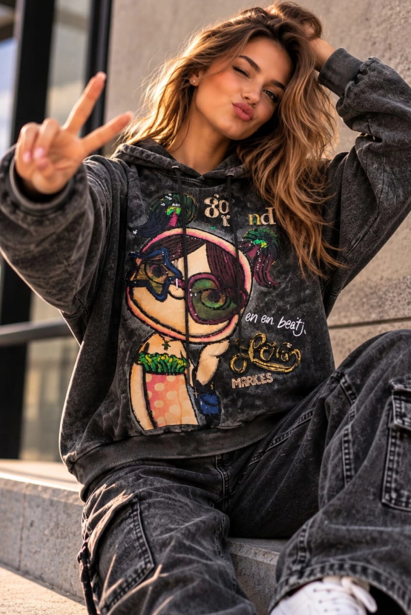 Bluza z kapturem i aplikacją GIRL grafitowa