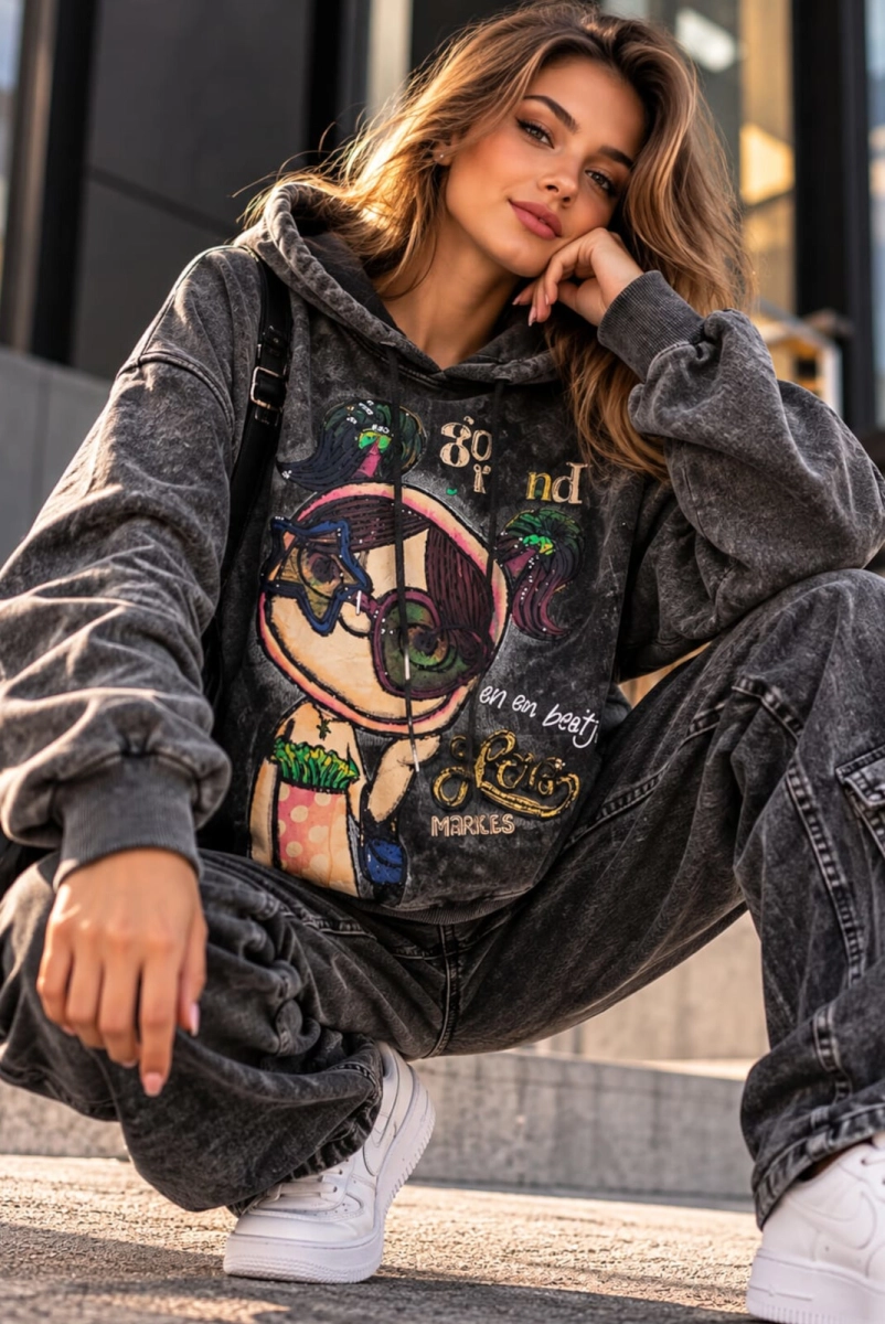 Bluza z kapturem i aplikacją GIRL grafitowa