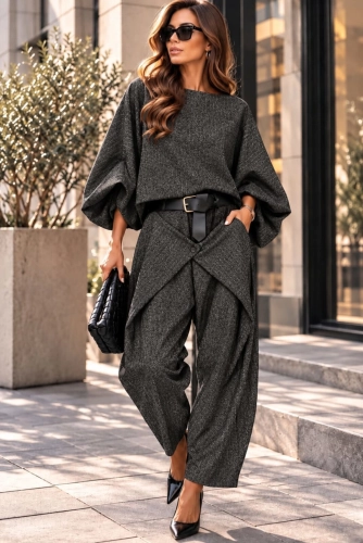 Komplet bluzka kimono i spodnie melanż grafitowy