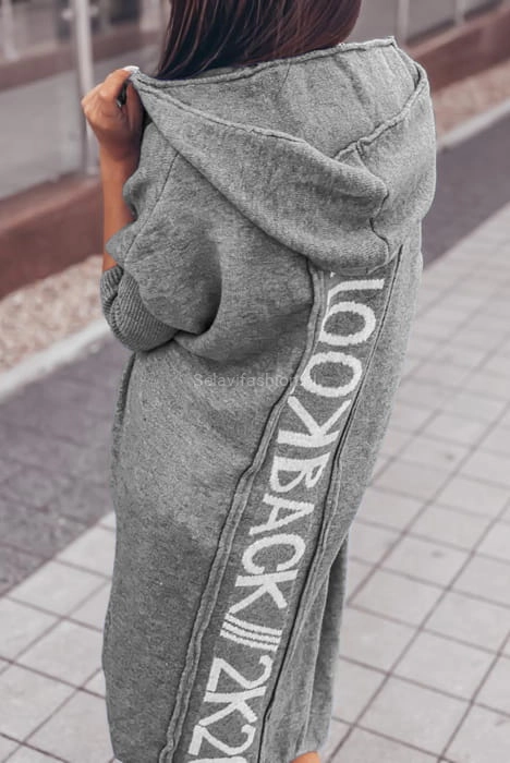 Długi sweter z kapturem szary