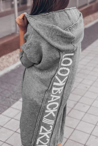 Długi sweter z kapturem szary